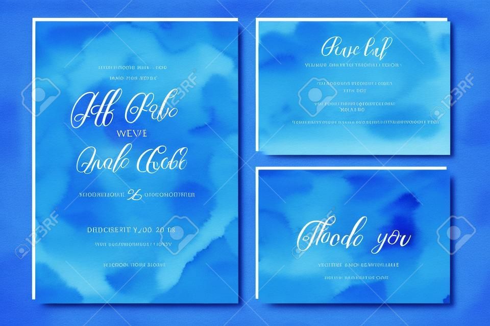 インディゴ、美しい手描き水彩画の背景を持つネイビーブルーの結婚式セット。招待状、rsvp、および感謝カードテンプレートが含まれています。ベクトル。