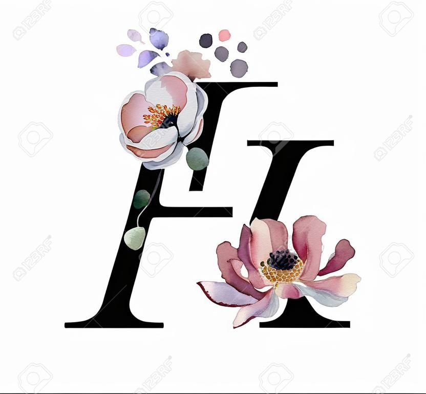 Цветочный акварельный алфавит. Вензель буквица H дизайн с рисованной пион и цветок анемона и черная пантера для свадебного приглашения, открытки, логотипы