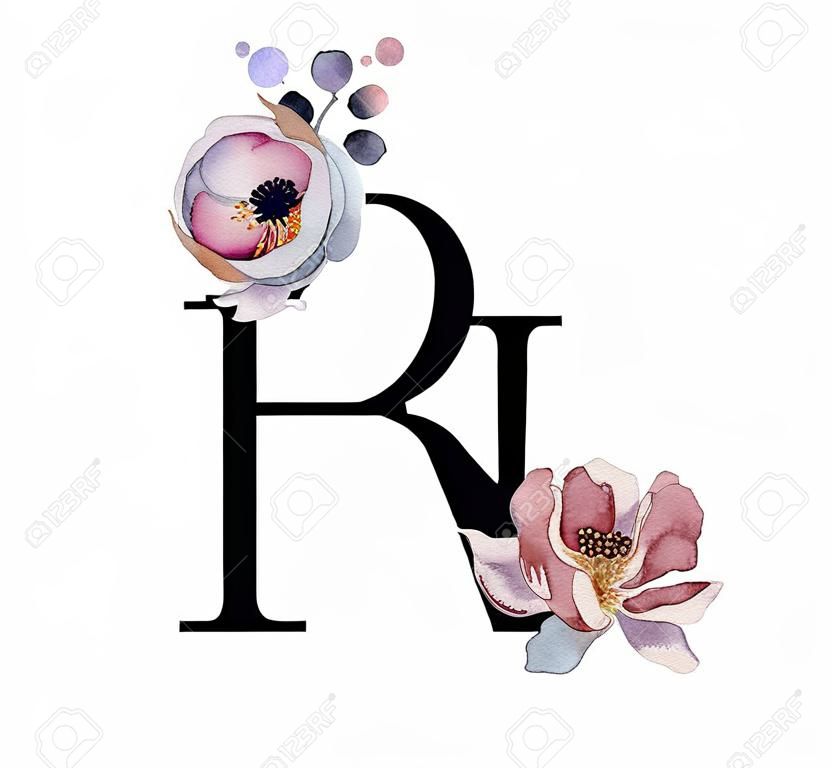 Цветочный акварельный алфавит. Вензель буквица H дизайн с рисованной пион и цветок анемона и черная пантера для свадебного приглашения, открытки, логотипы