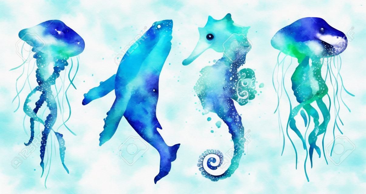 Set di animali marini. Pesce oceano acquerello blu, Medusa, balena, cavalluccio marino