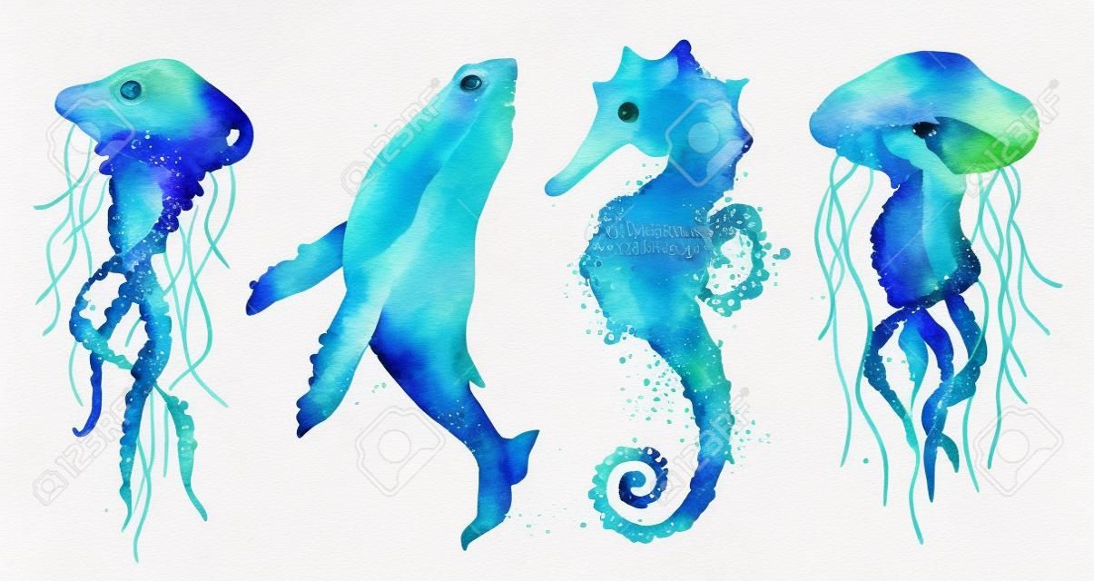 Set di animali marini. Pesce oceano acquerello blu, Medusa, balena, cavalluccio marino