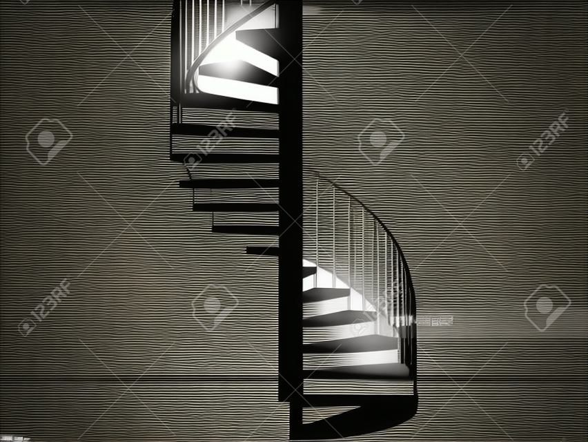 Spiral Staircase Vector. Spiral Staircase Silhouette in Black And White Stripes Room.