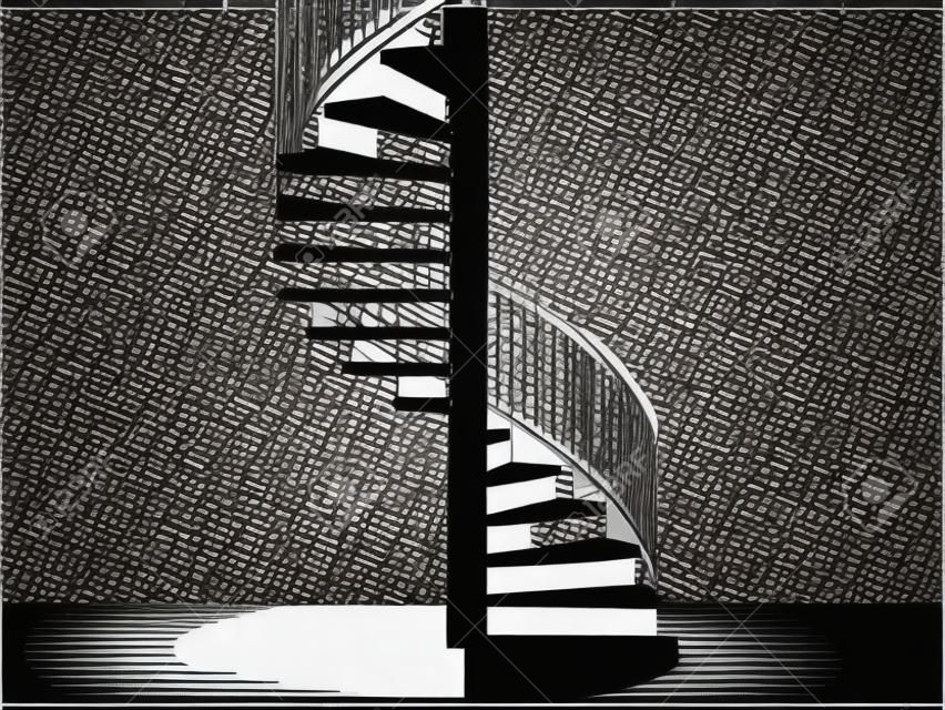 Spiral Staircase Vector. Spiral Staircase Silhouette in Black And White Stripes Room.