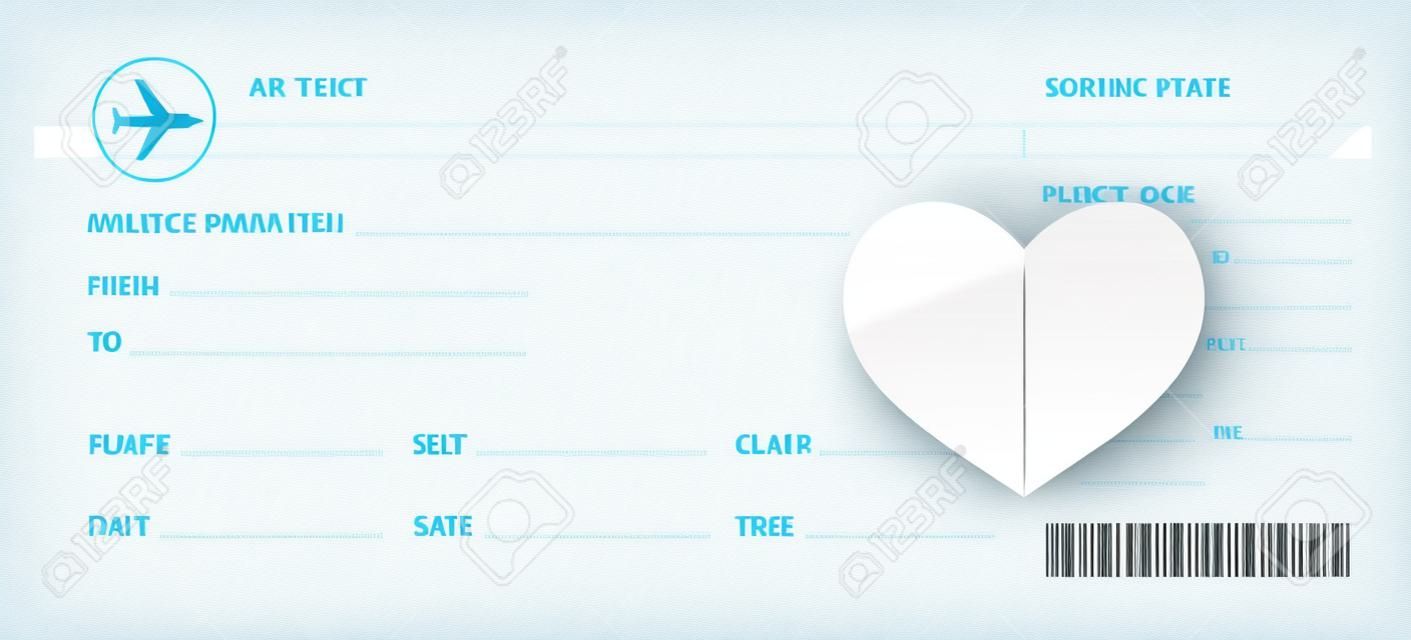 空白的飞机票，浪漫的旅行孤立在白色背景矢量插图
