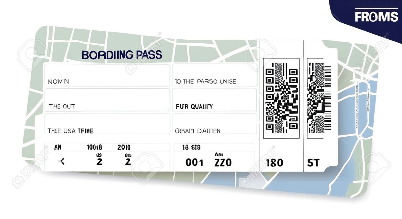 Billete de la tarjeta de embarque de la aerolínea con un mapa como fondo. Ilustración del vector.