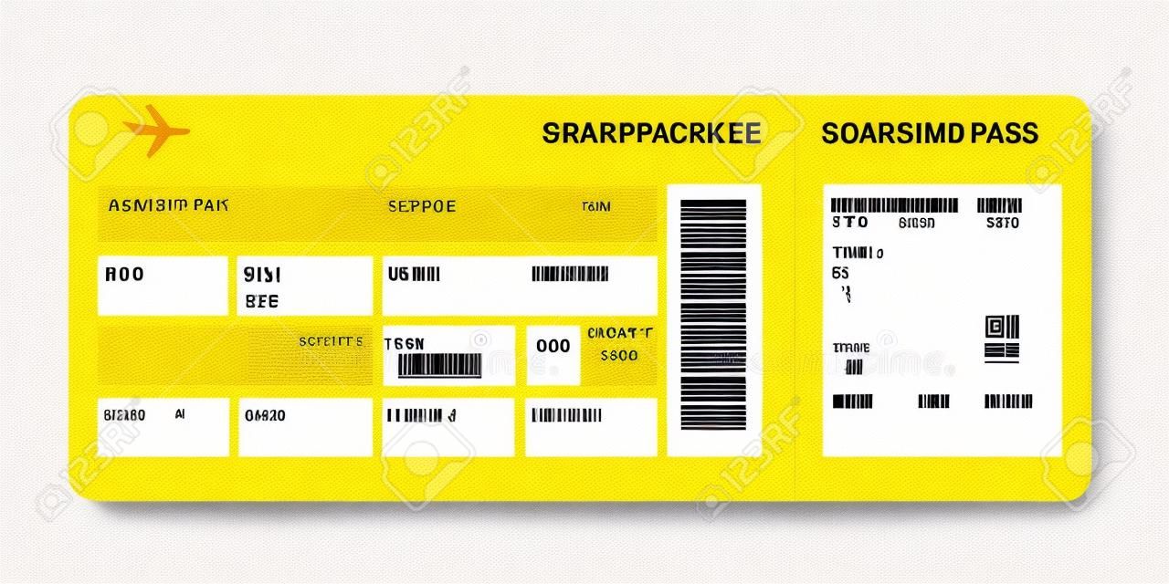 Billete de avión el espacio en blanco. amarilla cupón de la tarjeta de embarque aislado sobre fondo blanco. Ilustración vectorial
