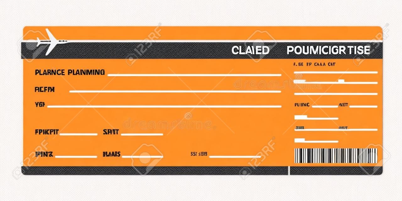 Vliegticket lege ruimte. oranje instapkaart coupon geïsoleerd op witte achtergrond. Gedetailleerde blanco van vliegtuigticket. Vector illustratie