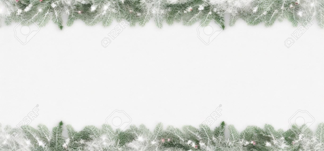 Choinki rozgałęziają się na białym tle jako szablon dla kartki bożonarodzeniowa lub granica