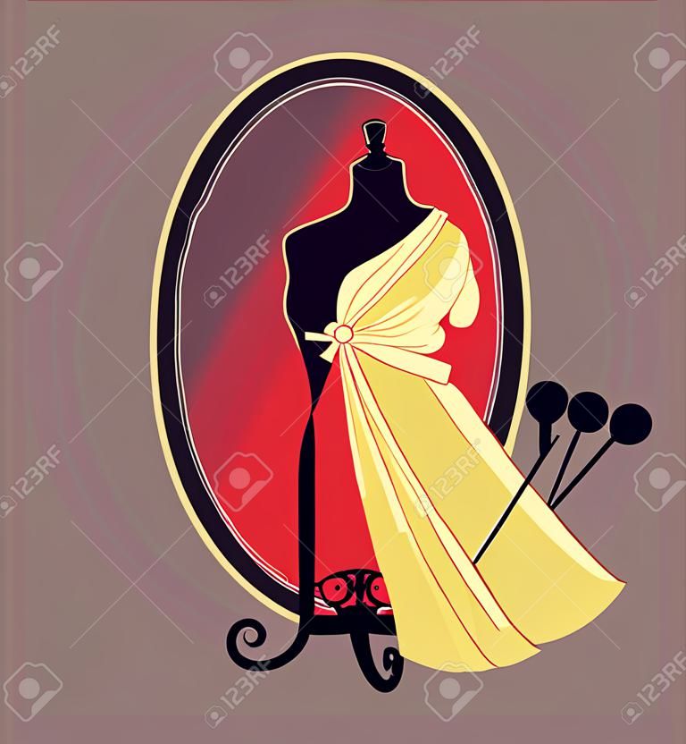 Hand drawn sewing lable with mannequin in a dress. Vector illustration. 