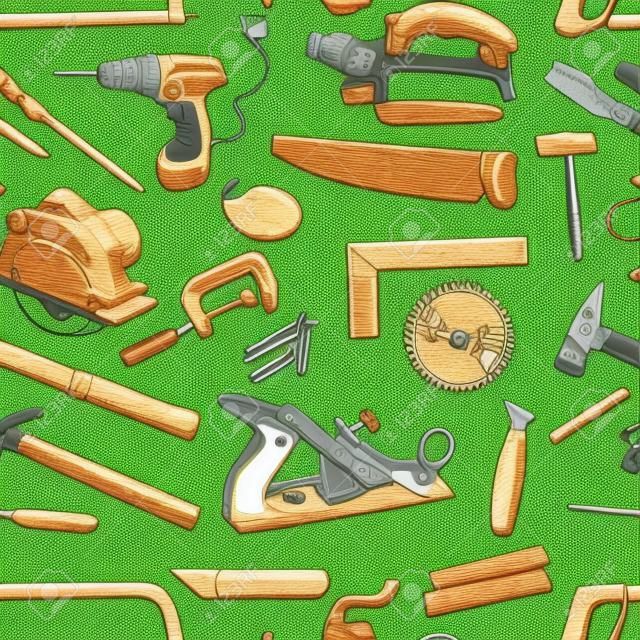 Vector seamless pattern with hand drawn common hand tools used by carpenters. Craft Woodwork Screwdriver Table Hamme, Carpenter.