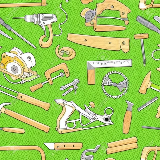 Vector seamless pattern with hand drawn common hand tools used by carpenters. Craft Woodwork Screwdriver Table Hamme, Carpenter.