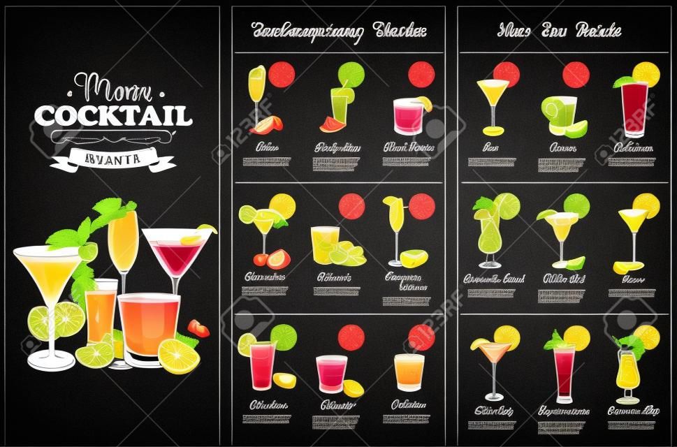 Front Drawing horisontal cocktail menu design on blackboard background