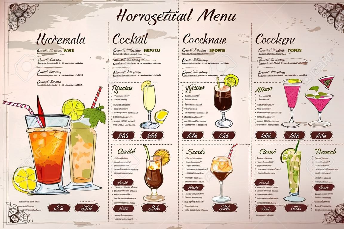 Fronte Disegno horisontal disegno menù di cocktail su sfondo d'epoca