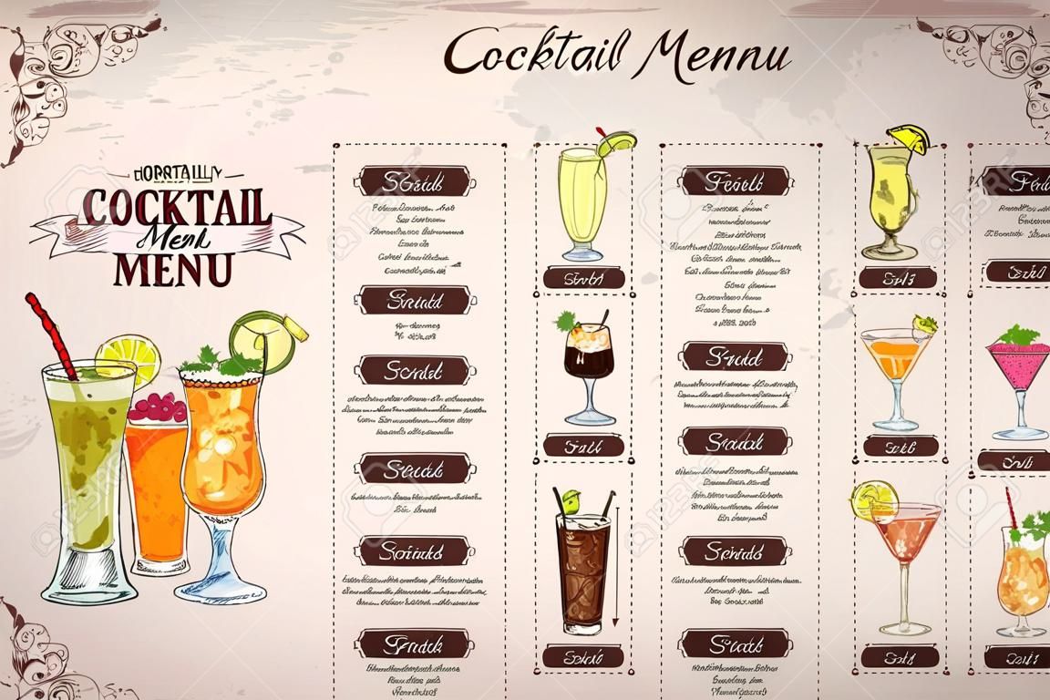 Frente Dibujo horisontal diseño del menú del coctel en el fondo de la vendimia