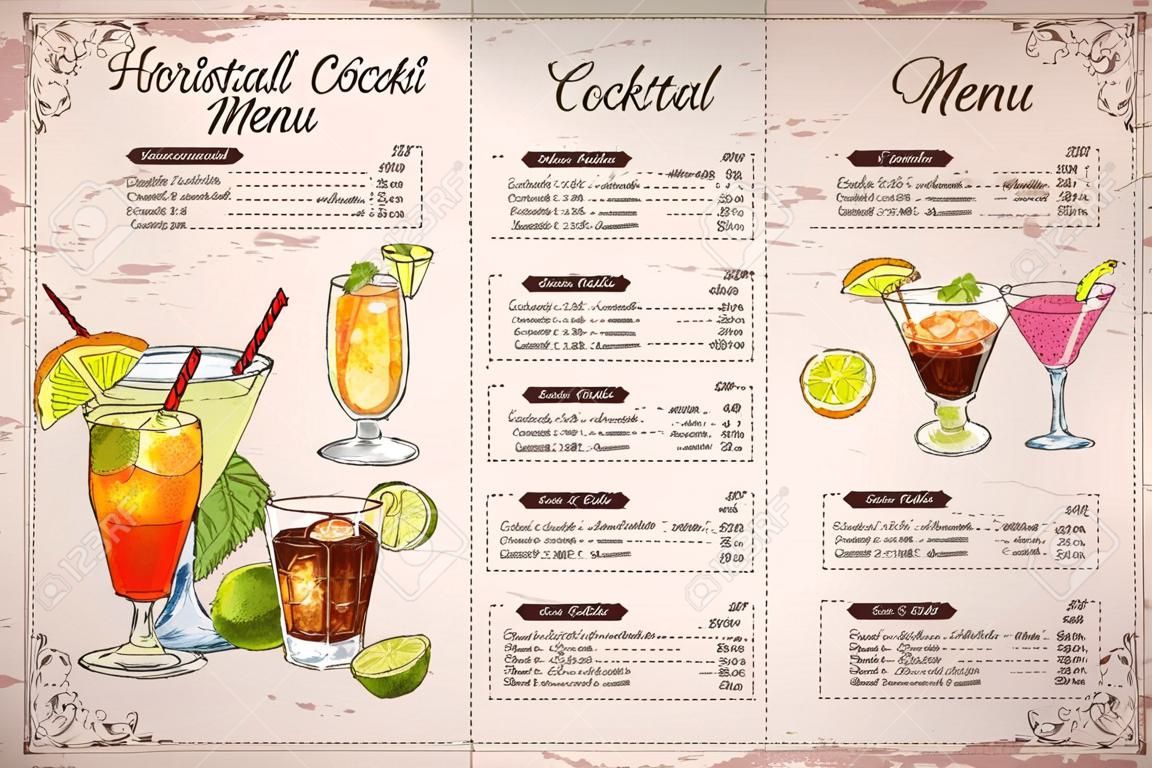 Front Drawing horisontal cocktail menu design on vintage background