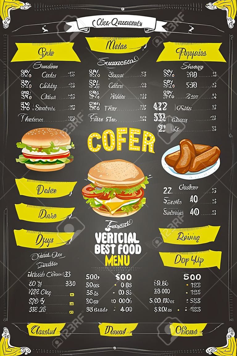 Dibujo en colores vertical de comida rápida diseño de menú en la pizarra
