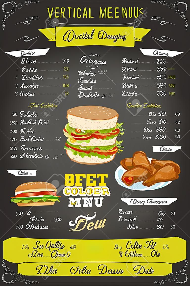 Drawing vertical color fast food menu design on blackboard
