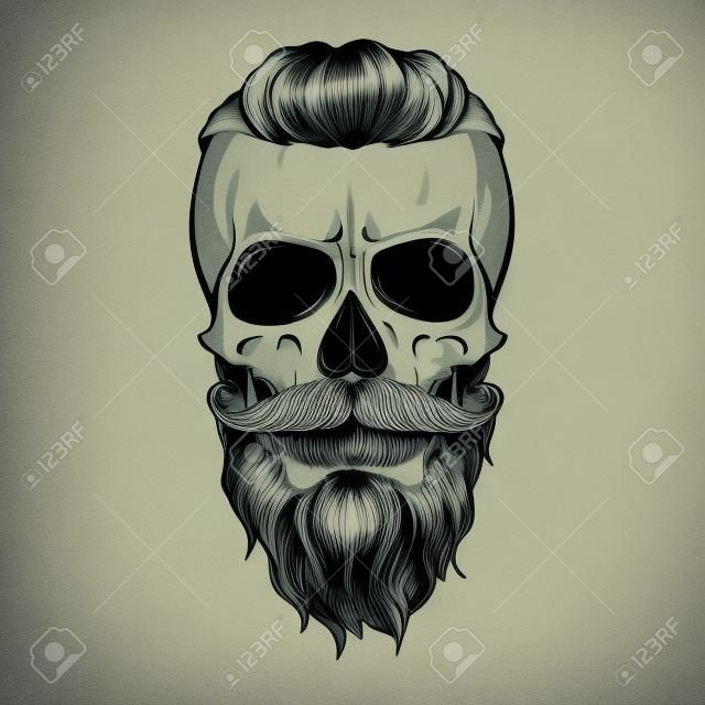 Cráneo con cola de peinado, bigotes y barba, arte lineal