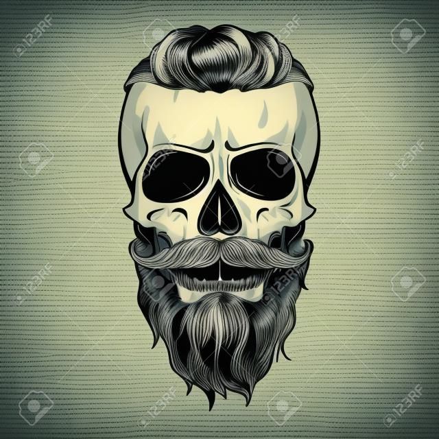 Crâne avec queue de coiffure, moustaches et barbe, dessin au trait