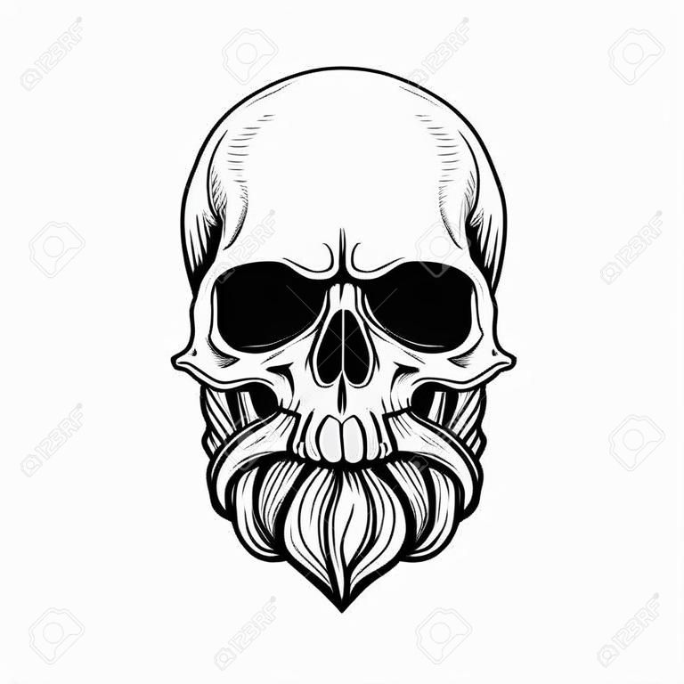 Skull with hairstyle tail and moustaches, line art