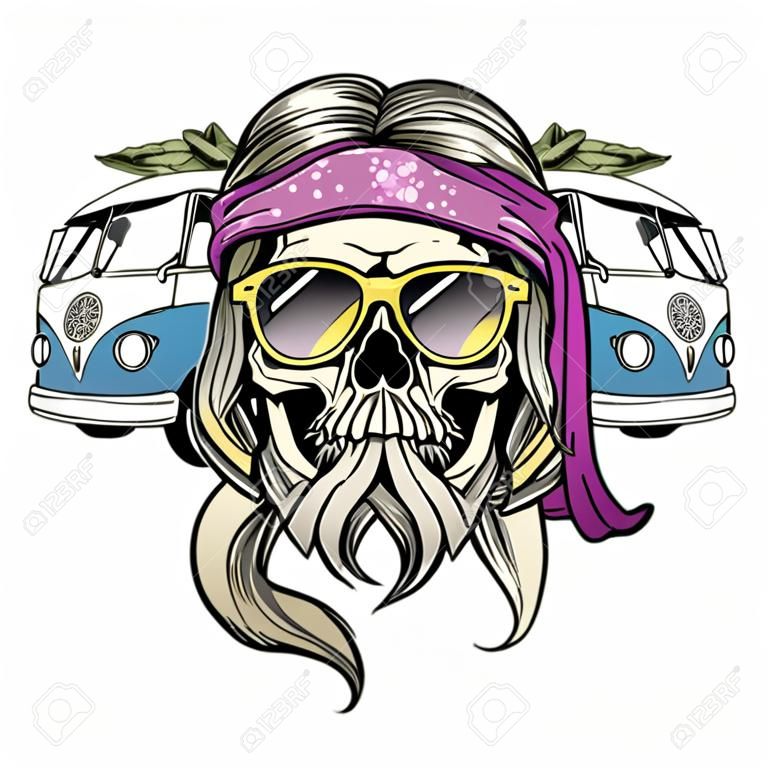 Hand drawn color sketch, hippie skull with sunglasses, hippie bus, ?igarettes and hemp leaf. Poster, flyer design