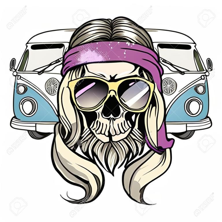 Hand getekende kleur schets, hippie schedel met zonnebril, hippie bus,?igarattes en hennep blad. Poster, flyer ontwerp
