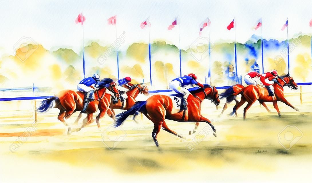 競馬競技でのギャロッピング競走馬の絵画、競馬乗馬スポーツ騎手競技馬の水彩画の絵画イラストの写真素材・画像素材 Image 177708395