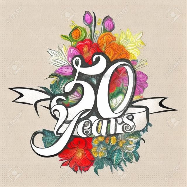 50 Years with nice bouquet of flowers, Greeting Card Design, Hand Drawn Artwork