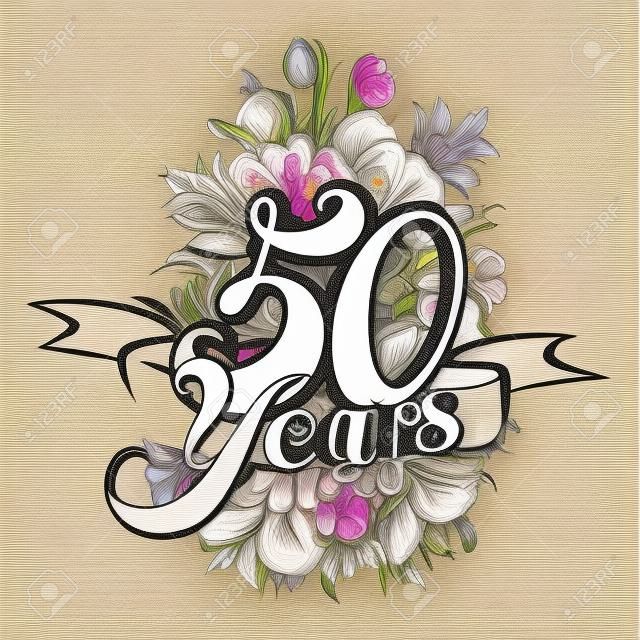 50 Years with nice bouquet of flowers, Greeting Card Design, Hand Drawn Artwork