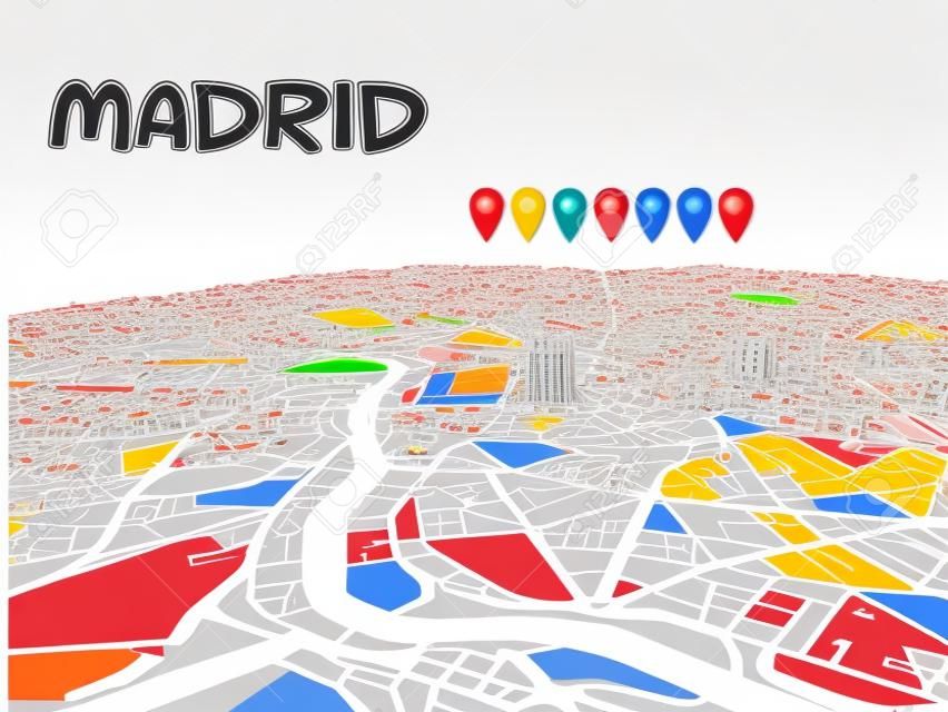 Madrid, Spain, Downtown 3D Vector Map of Famous Streets. Bright foreground full of colors. White Streets, Waterways and grey background areal. White Horizon.