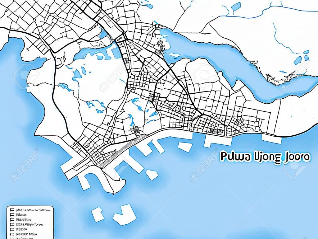 Two-toned map of the island of Pulau Ujong, Singapore with the largest highways, roads and surrounding islands and islets