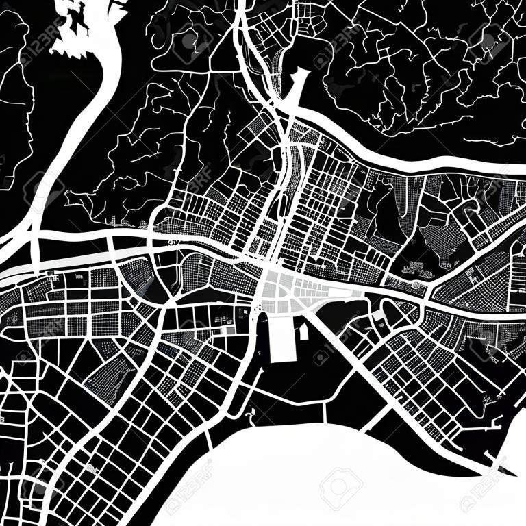 Area map of Malaga, Spain. Dark background version for infographic and marketing projects. This map of Málaga contains typical landmarks with streets, waterways and railways for additional information and easy access to color changes.