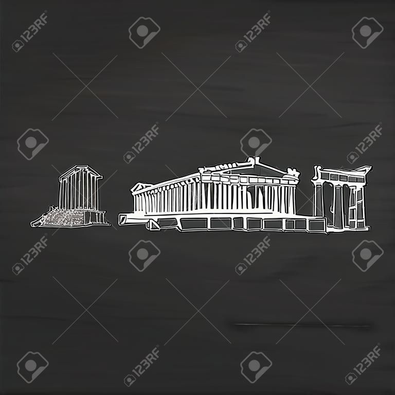 Atenas Grecia firma en la pizarra. Esbozo vectorial dibujado con tiza digital en la pizarra. Destinos de las capitales europeas.