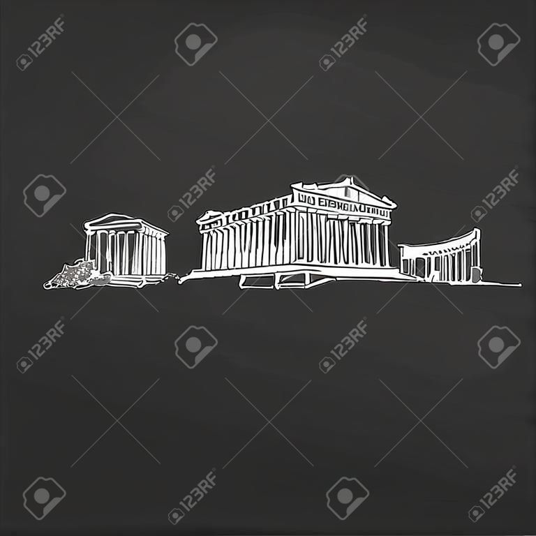 Atenas Grecia firma en la pizarra. Esbozo vectorial dibujado con tiza digital en la pizarra. Destinos de las capitales europeas.