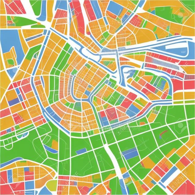 Innenstadt-Vektorkarte von Amsterdam, Niederlande. Diese druckbare Karte von Amsterdam enthält Linien und klassische farbige Formen für Landmasse, Parks, Wasser, Haupt- und Nebenstraßen wie z. B. Hauptbahngleise.