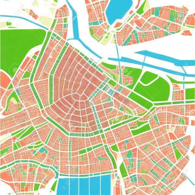 Downtown vector map of Amsterdam, Netherlands. This printable map of Amsterdam contains lines and classic colored shapes for land mass, parks, water, major and minor roads as such as major rail tracks.