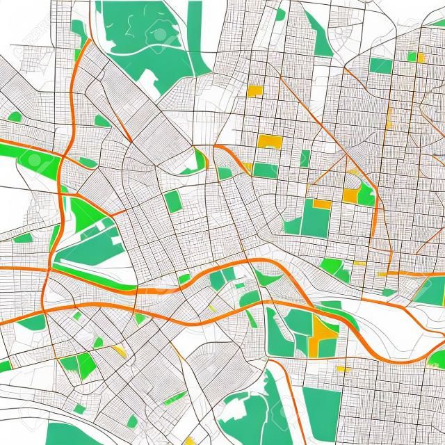 Downtown vector map of Melbourne, Australia. This printable map of Melbourne contains lines and classic colored shapes for land mass, parks, water, major and minor roads as such as major rail tracks.