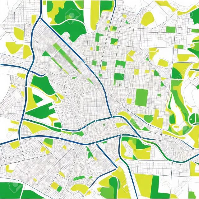 Downtown vector map of Melbourne, Australia. This printable map of Melbourne contains lines and classic colored shapes for land mass, parks, water, major and minor roads as such as major rail tracks.