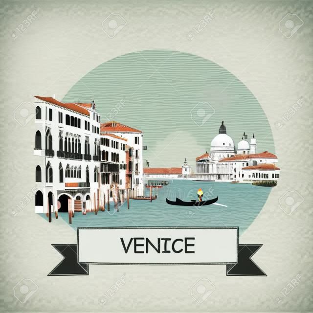 Venice Cityscape Vector Sign. Line Art Illustration with Ribbon and Title.