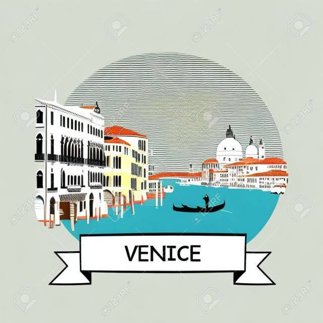 Venice Cityscape Vector Sign. Line Art Illustration with Ribbon and Title.
