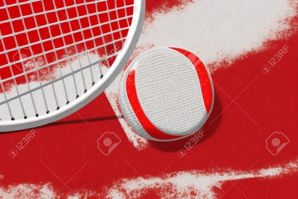 Tennis scene with white line, ball and racquets on red hard court surface