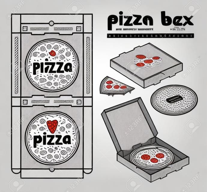 Stock vector design of boxes for pizza. Unwrapped box with layout elements and 3d presentation. Monochrome print