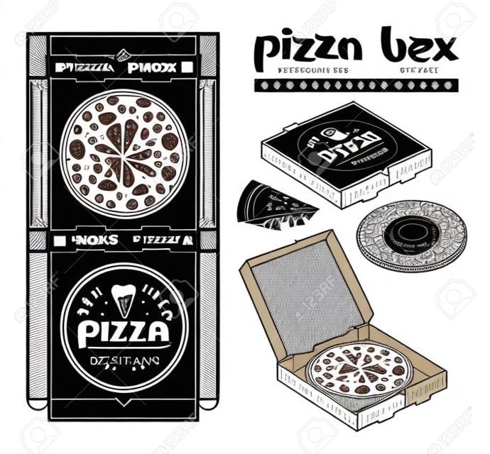 Akcyjny wektorowy projekt pudełka dla pizzy. Nieopakowane pudełko z elementami układu i prezentacji 3D. Druk monochromatyczny