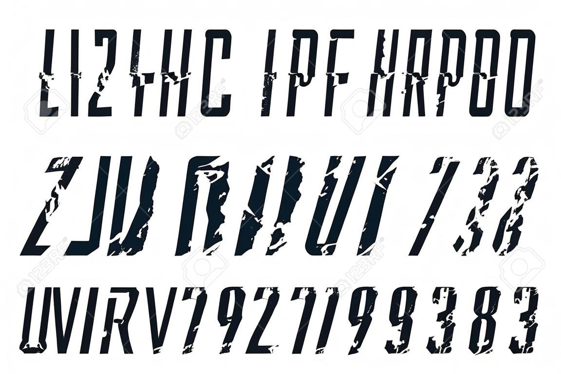 Fonte de serifa de laje estreita itálica em estilo militar. Letras e números com textura áspera para design de logotipo e título. Impressão preta no fundo branco