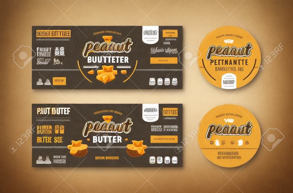Conjunto de etiquetas de modelos para manteiga de amendoim. Ilustração com elementos em gráficos feitos à mão.