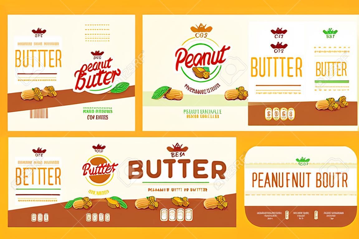 Conjunto de etiquetas de modelos para manteiga de amendoim. Ilustração com elementos em gráficos feitos à mão.