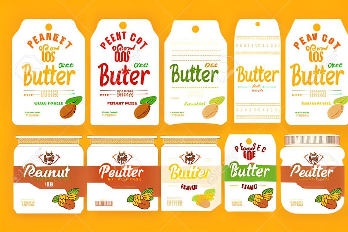 Conjunto de plantillas de etiqueta para la mantequilla de maní. Ilustración con elementos en gráficos hechos a mano.
