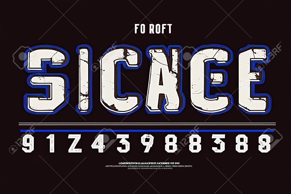 Stock vector sans serif font with rounded corners and contour. Letters and numbers with vintage texture for t-shirt design in sport style. Color print on black background