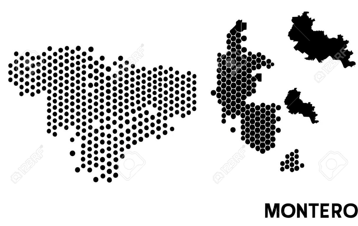 Pixelated map of Montenegro composition and solid illustration. Vector map of Montenegro composition of circle points with honeycomb periodic array on a white background.