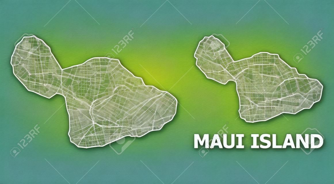 Wire frame and solid map of Maui Island. Vector model is created from map of Maui Island with intersected random lines, and has spectrum gradient. Abstract lines are combined into map of Maui Island.